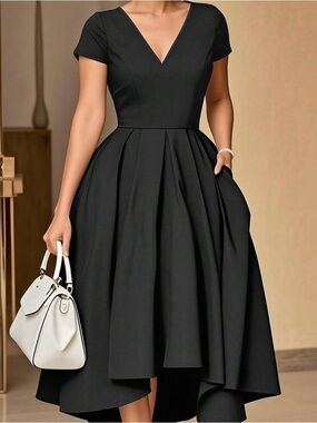 SHEIN Black High-Low V‑Neck Fit & Flare Dress